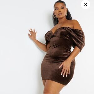 Pretty Little Thing PLT Brown Chocolate Velvet V Bar Bodycon Mini Dress Plus 16